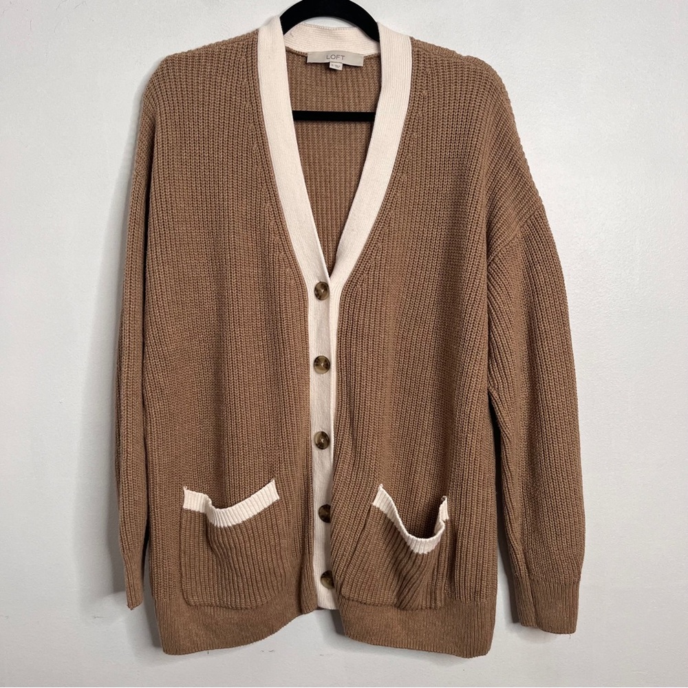 Loft Oversize Boyfriend Cardigan Sweater Size XL Tan White Contrast Button Front